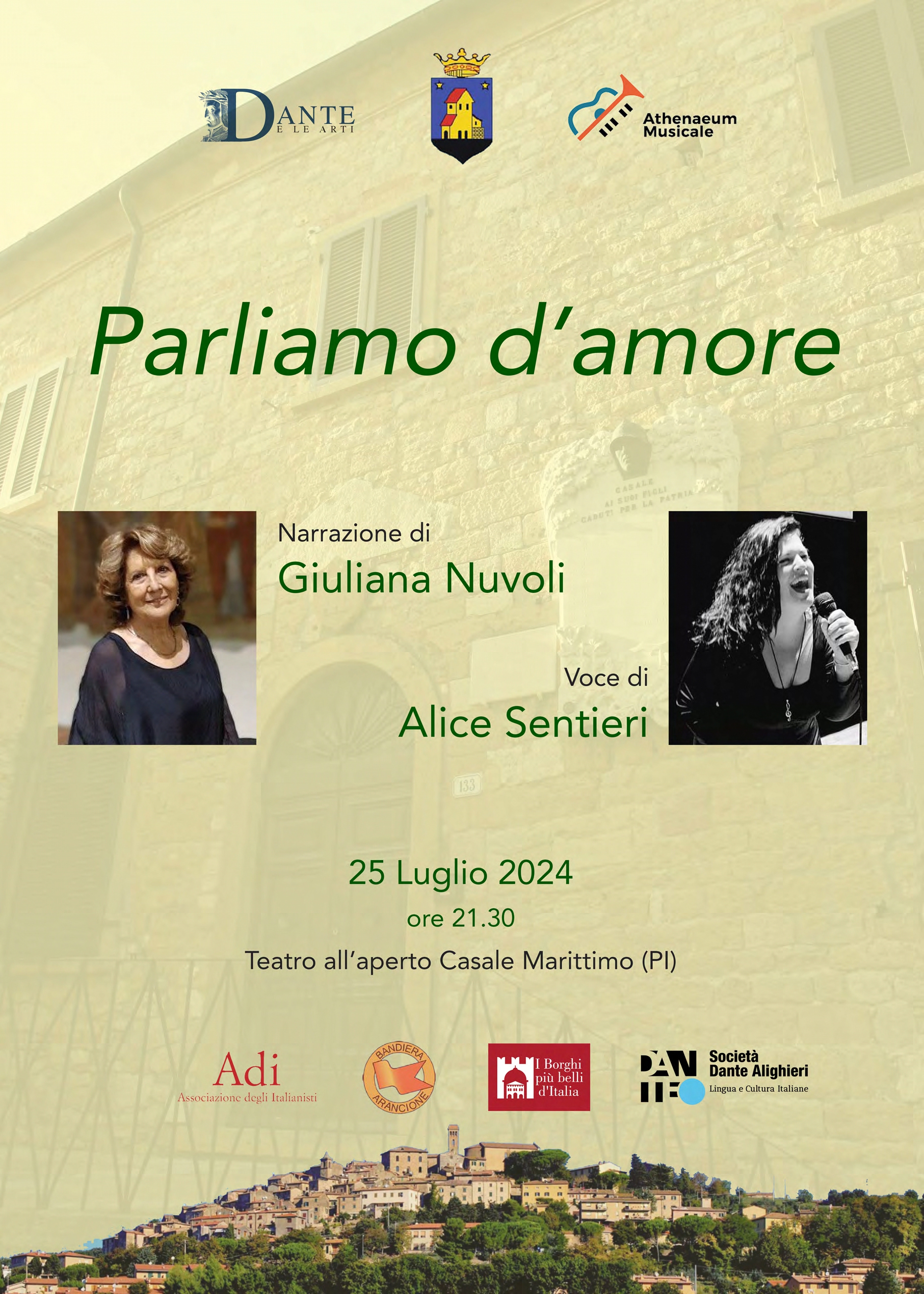 “Parliamo d’amore”, testi e narrazione di Giuliana Nuvoli, voce di Alice Sentieri, 25 luglio 2024, Teatro all’aperto, Casale Marittimo (PI), ore 21.30