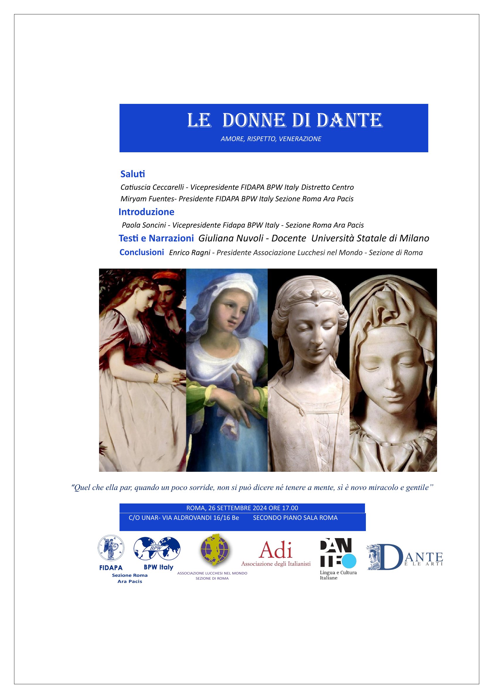 Giuliana Nuvoli, recital “Le Donne di Dante”, 26 Settembre 2024, ore 17, UNAR, Via Aldrovandi 16/16, Roma