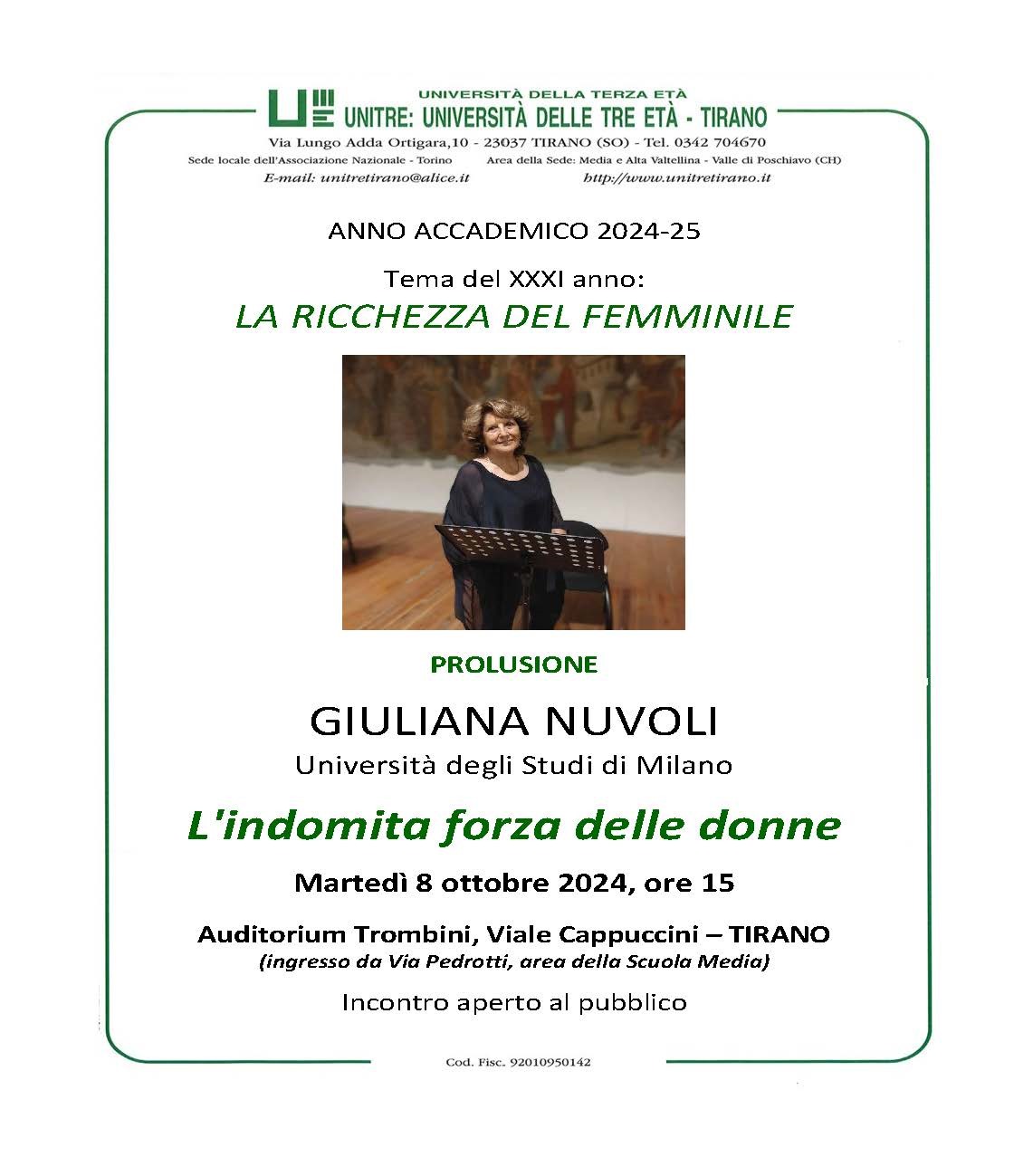 Giuliana Nuvoli, “L’indomita forza delle donne”, Prolusione A.A. UNITRE Tirano, 8 Ottobre 2024, ore 15, Auditorium Trombini, Tirano