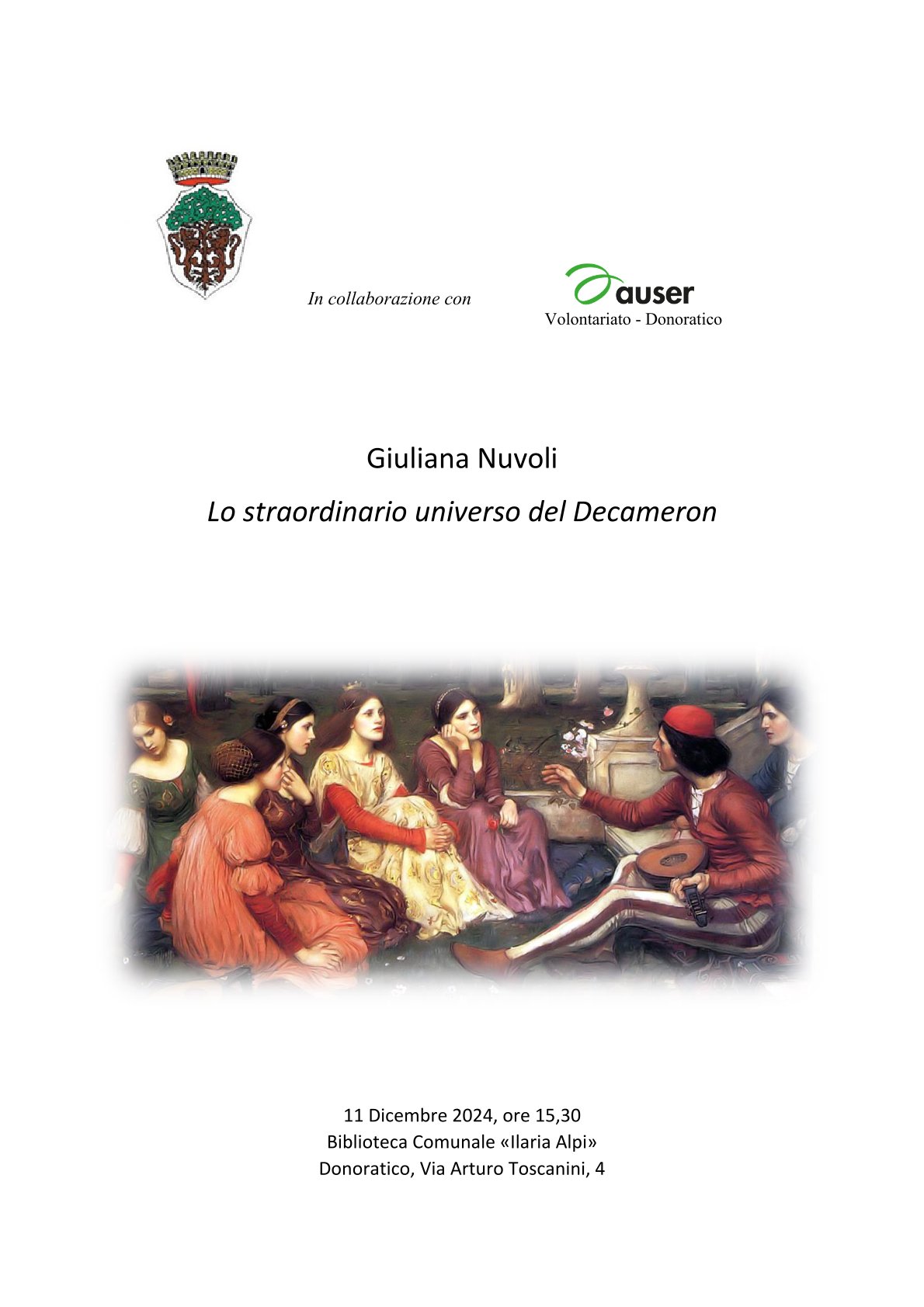 Giuliana Nuvoli, ‘Lo straordinario universo del Decameron’, 11 dicembre 2024, ore 15.30, Biblioteca Comunale “Ilaria Alpi”, Via Toscanini, 4, Donoratico (Castagneto Carducci)